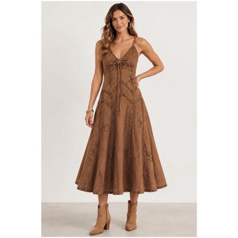 Scully Dress Spaghetti Strap Embroidered Western Rodeo Midi Copper Size small